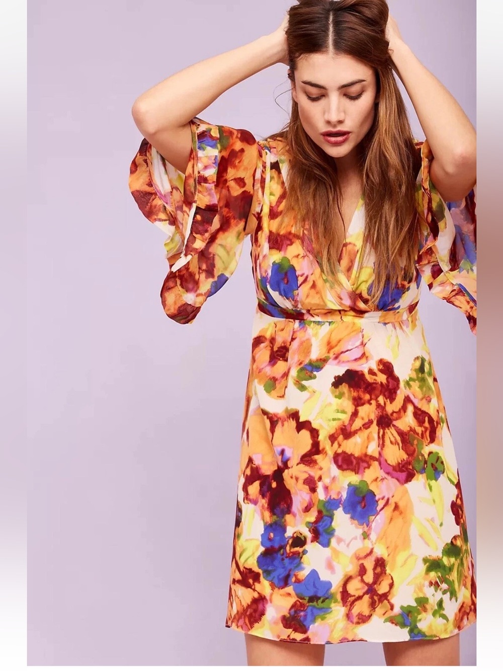 Anthropologie Maeve 100% Silk Dress Floral V-Neck Open Back Colorful Women’s 14
